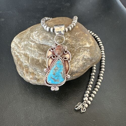 Navajo Blue Kingman Turquoise Wild Horse Pendant Necklace | Sterling Silver | Authentic Native American Handmade | 17224