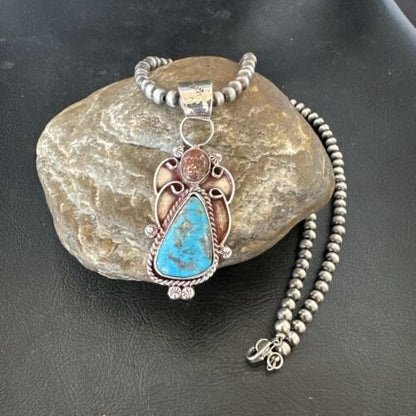 Navajo Blue Kingman Turquoise Wild Horse Pendant Necklace | Sterling Silver | Authentic Native American Handmade | 17224
