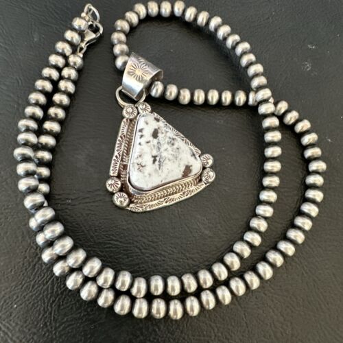 White Buffalo Turquoise Pendant | Navajo Pearls | Sterling Silver Necklace 21" | 17110