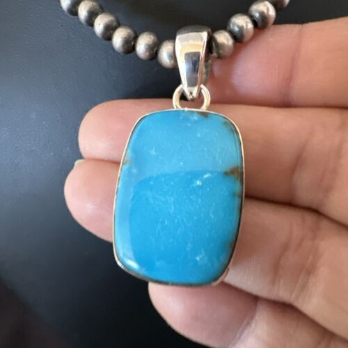 Navajo Blue Kingman Turquoise Pendant Necklace | Sterling Silver | 20" | Authentic Native American Handmade | 16998