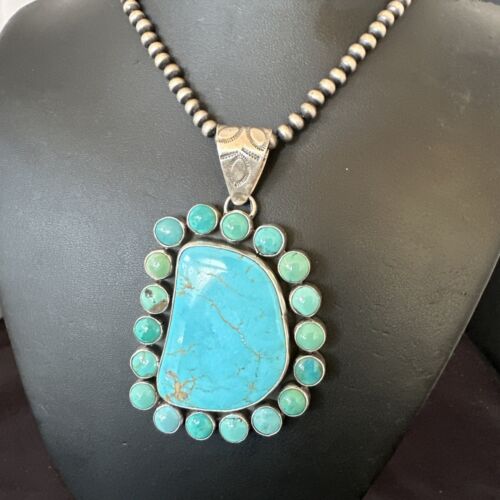 Navajo XL Blue Kingman Turquoise Cluster Pendant Necklace | Sterling Silver | Native American Handmade | 16796
