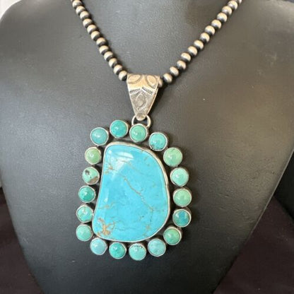 Navajo XL Blue Kingman Turquoise Cluster Pendant Necklace | Sterling Silver | Native American Handmade | 16796
