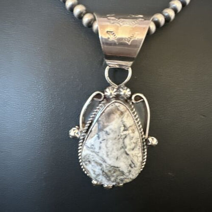 Navajo White Buffalo Turquoise Pendant | Pearl Sterling Silver Necklace | Authentic Native American Handmade | 17043