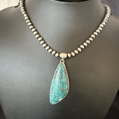 Men's Navajo Blue Spiderweb Turquoise Pendant Necklace | Sterling Silver | Authentic Native American Handmade | 16221