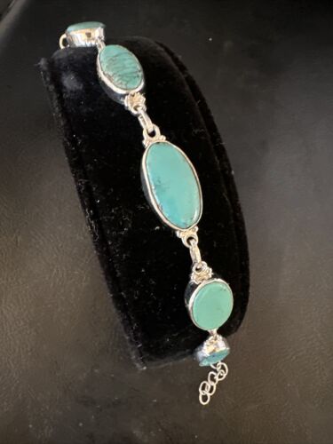 Navajo Blue Turquoise Link Bracelet | Sterling Silver | 8" | Authentic Native American Handmade | 15467