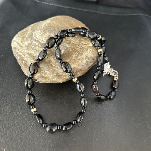 Navajo Black Onyx Necklace | Sterling Silver & Gold Filled | 18" | Authentic Native American Handmade | 10018