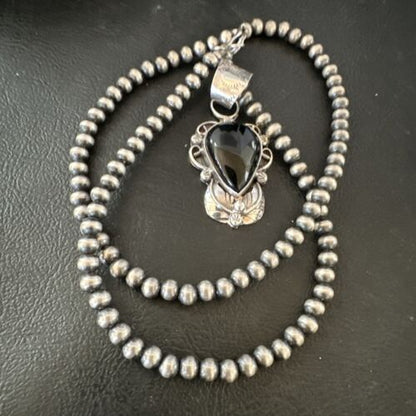 Navajo Pearls Black Onyx Necklace Pendant | Sterling Silver | Authentic Native American Handmade | 16532