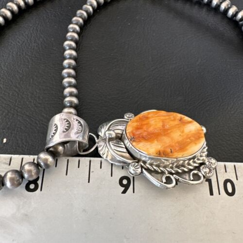 Women's Orange Spiny Oyster Pendant | Navajo Pearls Sterling Silver Necklace 21" | Handmade Jewelry | 16556