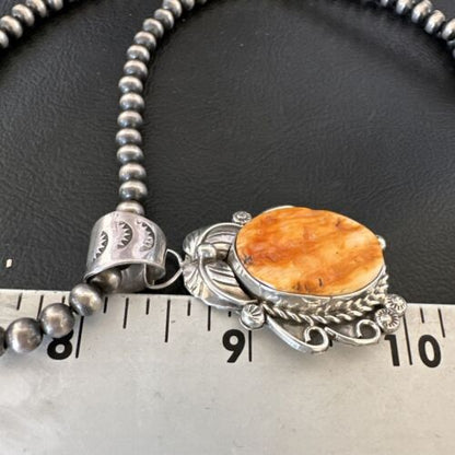 Women's Orange Spiny Oyster Pendant | Navajo Pearls Sterling Silver Necklace 21" | Handmade Jewelry | 16556