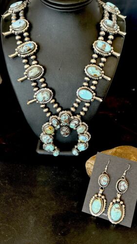 Navajo Blue Golden Hills Turquoise Squash Blossom Necklace & Earrings | Sterling Silver | 17210