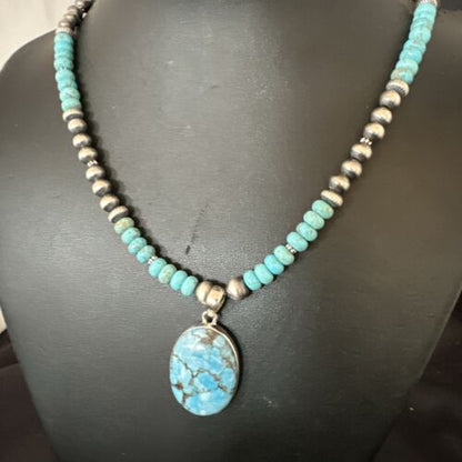 Navajo Blue Spiderweb Turquoise Pendant Necklace | Sterling Silver | Authentic Native American Handmade | 17080