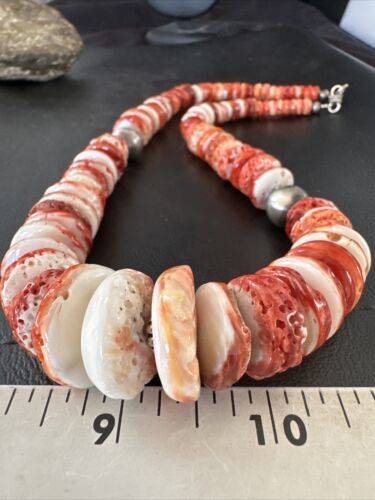 Navajo Red Spiny Oyster Graduated Necklace | Sterling Silver | Authentic Native American | 30" | 17405