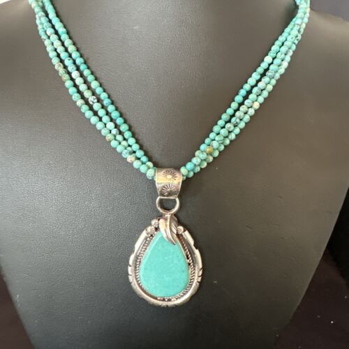 Navajo Blue Turquoise Pendant | Sterling Silver 3-Strand Bead Necklace | 17" | Authentic Native American Handmade | 15998