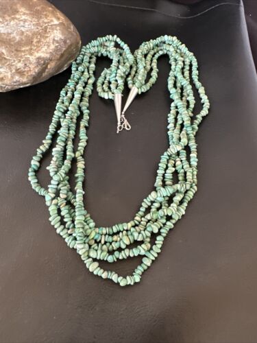 Navajo Green Turquoise Nugget Necklace | 5 Strand | Sterling Silver | Authentic Native American Handmade | 16321