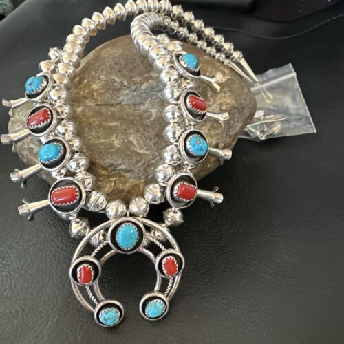 Navajo Shadowbox Coral Kingman Turquoise Squash Blossom Necklace | Sterling Silver | 17" | 16112