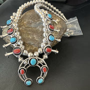 Navajo Shadowbox Coral Kingman Turquoise Squash Blossom Necklace | Sterling Silver | 17" | 16112