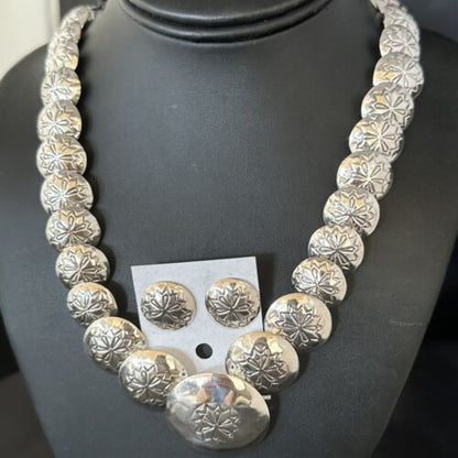 Navajo Pearls Sterling Silver Graduated Pillow Bead Necklace & Earrings Set | Authentic Native American Handmade | 15237