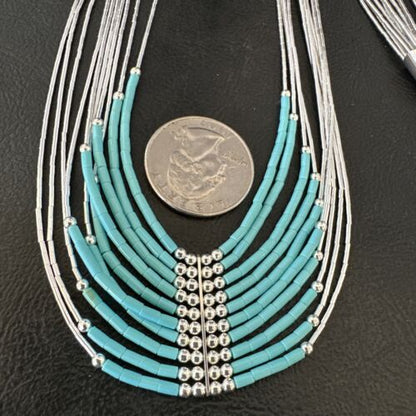Navajo Blue Turquoise 10-Strand Heishi Necklace | Sterling Liquid Silver Tubes | 22" | 16448