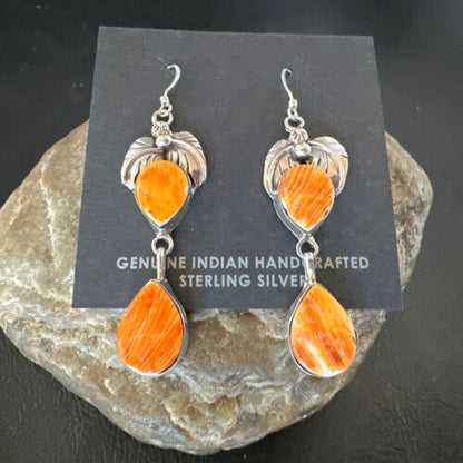 Navajo Orange Spiny Oyster Dangle Earrings | Sterling Silver | 1.5" | Authentic Native American Handmade | 16570