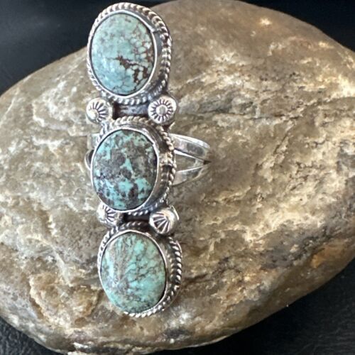Navajo Blue Spiderweb Turquoise Multi-Stone Ring | Authentic Native American Sterling Silver | Sz 10 | 16709