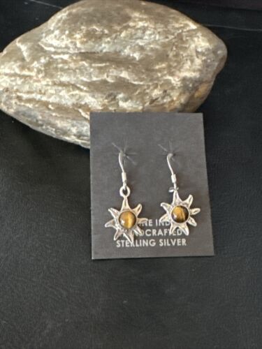 Navajo Coffee Tiger's Eye Dangle Earrings | Sterling Silver | Authentic Native American Handmade | 14919