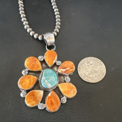 Navajo Blue Turquoise | Spiny Oyster Pendant Necklace | Sterling Silver | Multi-Stone | 16861