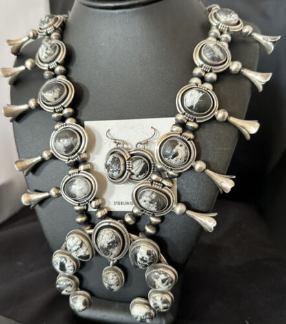 Navajo White Buffalo Turquoise Squash Blossom Necklace & Earrings | Sterling Silver | 16547