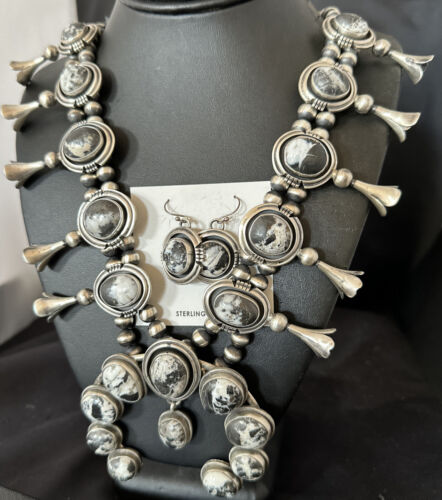 Navajo White Buffalo Turquoise Squash Blossom Necklace & Earrings | Sterling Silver | 16547
