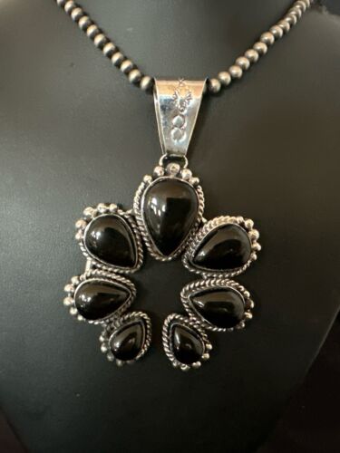 Navajo Men's Black Onyx Naja Pendant Necklace | Sterling Silver Pearls | Authentic Native American Handmade | 16808
