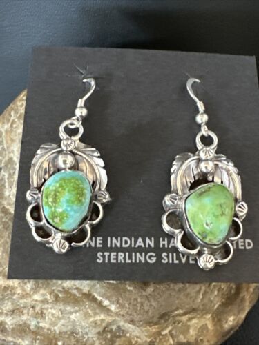 Navajo Green Sonoran Gold Turquoise Dangle Earrings | Sterling Silver | Authentic Native American Handmade | 14915