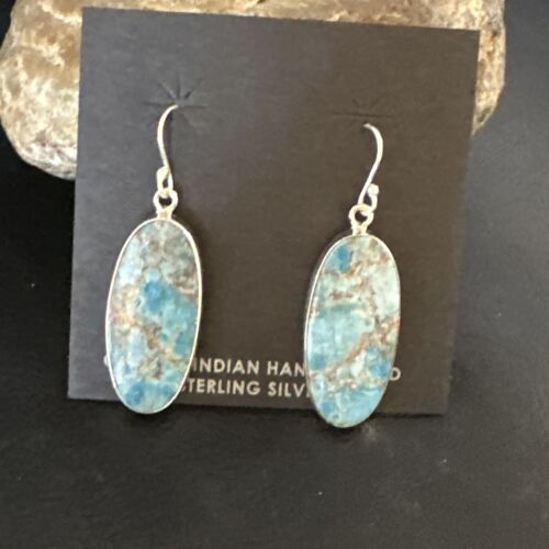 Navajo Blue Turquoise Dangle Earrings | Sterling Silver | Authentic Native American Handmade | 15429