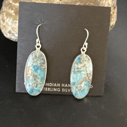 Navajo Blue Turquoise Dangle Earrings | Sterling Silver | Authentic Native American Handmade | 15429