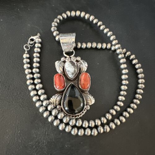Navajo White Buffalo Coral Onyx Pearls Cluster Pendant | Sterling Silver | Native American Handmade | 15371