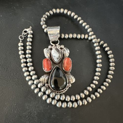 Navajo White Buffalo Coral Onyx Pearls Cluster Pendant | Sterling Silver | Native American Handmade | 15371