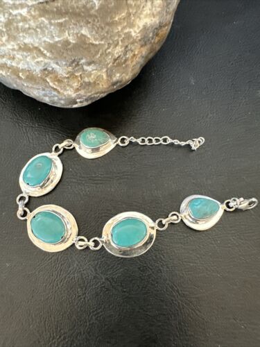 Navajo Blue Turquoise Link Bracelet | Sterling Silver | 9" | Authentic Native American Handmade | 17638