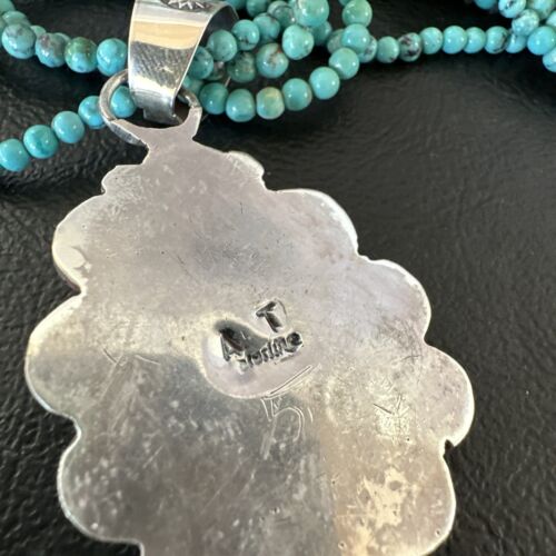 Navajo Blue Turquoise Pendant | Sterling Silver 3-Strand Bead Necklace | 17" | Authentic Native American Handmade | 15996