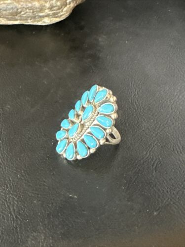 Navajo Blue Turquoise Cluster Ring | Authentic Native American Sterling Silver | Multi-Stone | Sz 8 | 14909