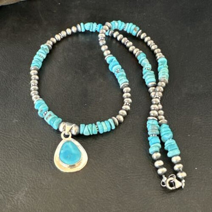 Navajo Men's Blue Kingman Turquoise Pendant Necklace | Sterling Silver | 21" | Authentic Native American Handmade | 17552