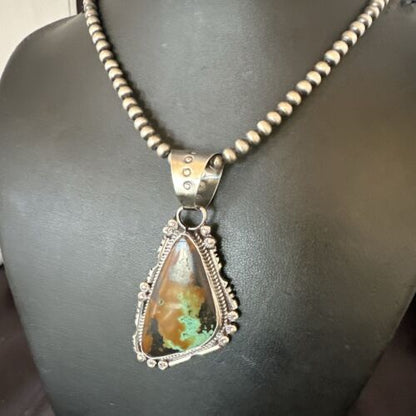 Men's Navajo Green Turquoise Pendant Necklace | Sterling Silver | Authentic Native American Handmade | 17530