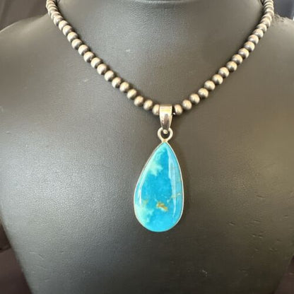 Navajo Blue Kingman Turquoise Pendant Necklace | Sterling Silver | 20" | Authentic Native American Handmade | 17000