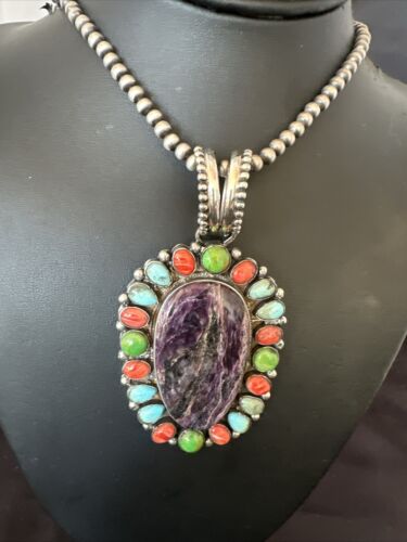 Navajo Purple Charoite Spiny Turquoise Pendant Necklace | Sterling Silver | Multi-Stone | 17146