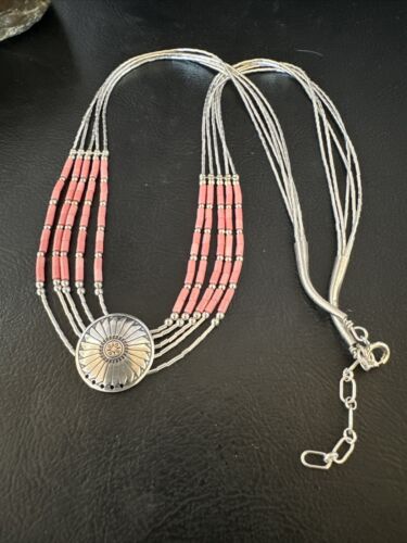 Navajo Concha Pink Conch Heishi 5-Strand Liquid Sterling Silver Necklace 20" | Southwestern Jewelry 15873