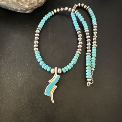 Navajo Blue Kingman Turquoise Inlay Pendant Necklace | Sterling Silver | 21" | Authentic Native American Handmade | 16931