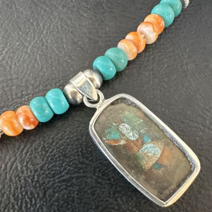 Navajo Spiny Turquoise Pendant Necklace | Sterling Silver | 21" | Authentic Native American Handmade | 17515