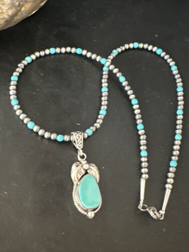 Navajo Pearls Kingman Turquoise Pendant Necklace | Sterling Silver | Authentic Native American Handmade | 14894
