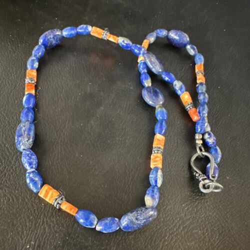 Men's Lapis Lazuli Spiny Oyster Necklace | Navajo Sterling Silver | 18" | Authentic Native American Handmade | 15265