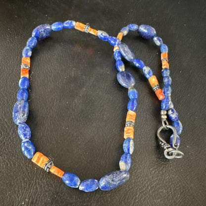 Men's Lapis Lazuli Spiny Oyster Necklace | Navajo Sterling Silver | 18" | Authentic Native American Handmade | 15265