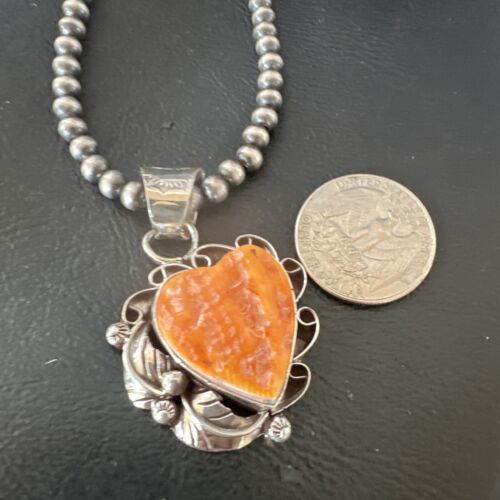 Navajo Orange Spiny Oyster Heart Pendant Necklace | Sterling Silver | Authentic Native American Handmade | 16552