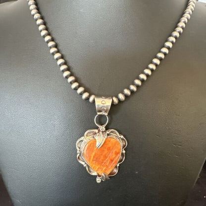 Navajo Orange Spiny Oyster Heart Pendant Necklace | Sterling Silver | Authentic Native American Handmade | 16298