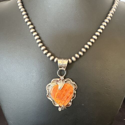 Navajo Orange Spiny Oyster Heart Pendant Necklace | Sterling Silver | Authentic Native American Handmade | 16298